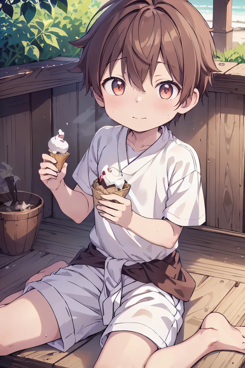 1boy, aoi, masterpiece, ultra detail, male focus, soccer shirt, adorable captivating, light brown hair , red eyes , white albine skin, japanese style, steam smork, japan style, anime coloring, shy, home muji style, detailed face, white towel on waist,white silk, outdoor, sweat, open legs, eating icecream