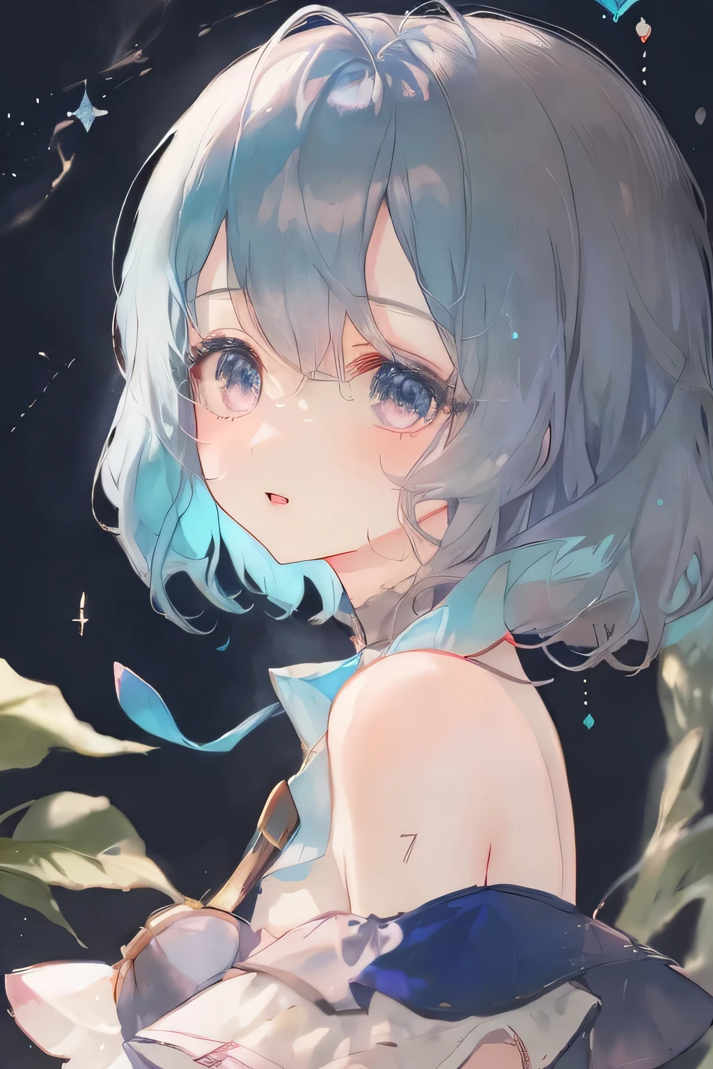 pastel \(medium\),1girl,blue hair, looking at viewer,