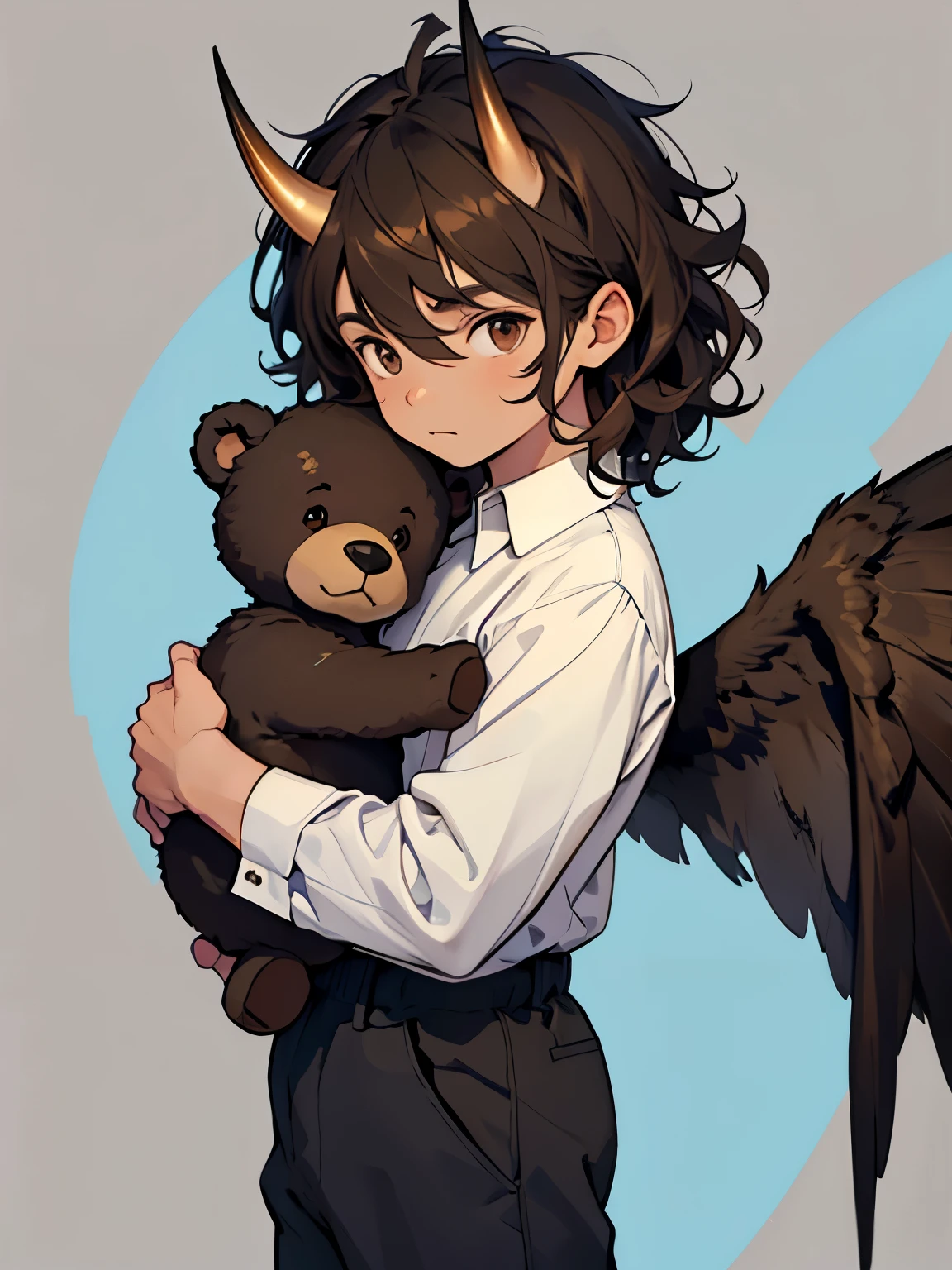 2 years old young boy, long dark brown curly hair, fair skin, golden brown eyes, holding black teddy bear, blue shirt, grey pants, small horns, wings