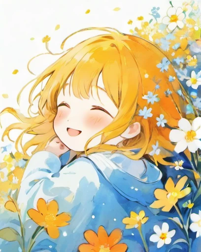 make the lines clear、Make the whole body visible、Smiling on Earth、Make the background blue、、Illustration of a shy and sleepy girl, Completely white image, Very soft color, watercolor, Flowers, Hannah Dale,Many small orange flowers are blooming