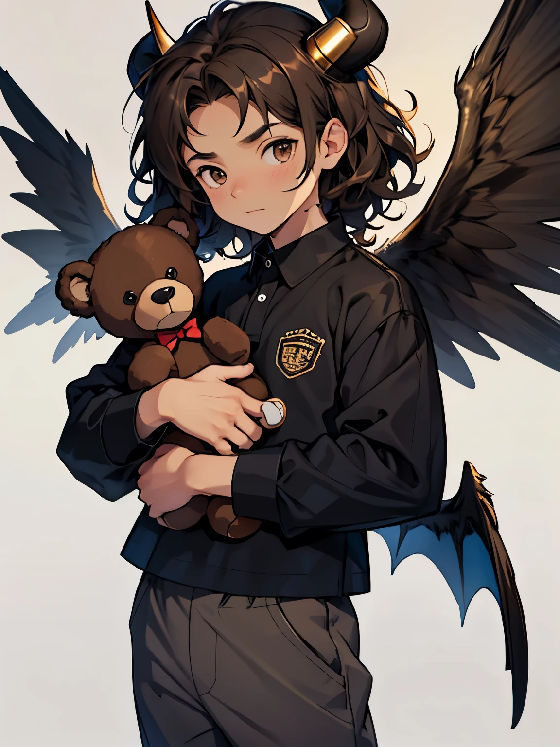 2 years old young boy, long dark brown curly hair, fair skin, golden brown eyes, holding black teddy bear, blue shirt, grey pants, small horns, wings