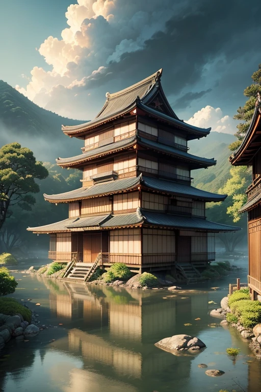 ((best quality)), ((masterpiece)), (detailed), 4K, UHD, HDR, "Draw a scene that depicts the peaceful and traditional atmosphere of old Japanese houses lined up on the river bank, in the middle of green wilderness with a backdrop of towering hills. Thick clouds hang in the blue sky, adding a dramatic and beautiful impression in this view. The architectural details of the houses should reflect the authenticity of Japanese style, with stacked roofs and neat courtyards. Give each house a distinctive touch to show the uniqueness and beauty of Japanese culture."