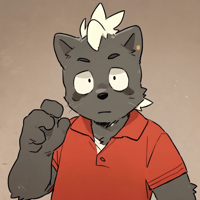 by milkytiger1145, by donkeyramen, by wfa, (shun_imai),solo,simple background,looking at viewer, raccoon, wearing red polo shirt