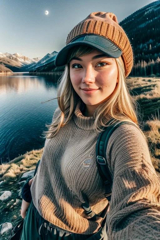 VeronicaCipher ((upper body selfie, happy)), masterpiece, best quality, ultra-detailed, solo, outdoors, (night), mountains, nature, (stars, moon) cheerful, happy, backpack, sleeping bag, camping stove, water bottle, mountain boots, gloves, sweater, hat, flashlight, forest, rocks, river, wood, smoke, shadows, contrast, clear sky, analog style (look at viewer:1.2) (skin texture) (film grain:1.3), (warm hue, warm tone) :1.2), close up, cinematic light, sidelighting, ultra high res, best shadow, RAW, upper body,  , wearing pullover
kodak vision 3,