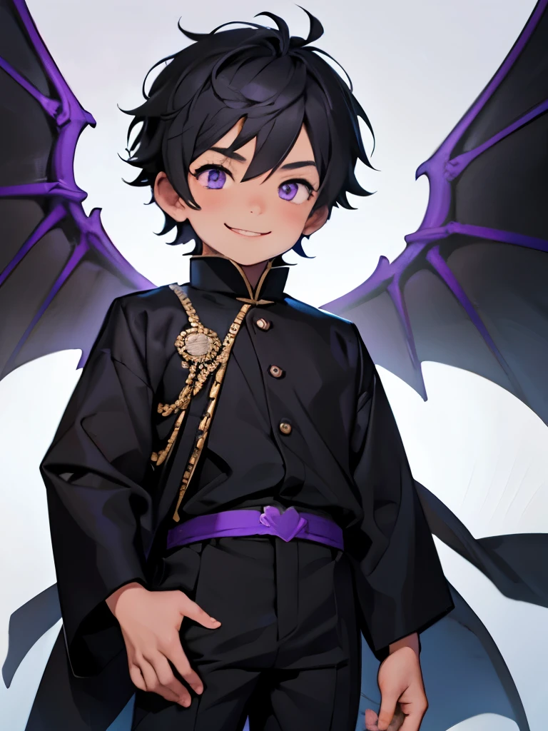 4years old young boy, grey short hair, purple eyes, mischievous smile, black shirt, black pants, fair skin, wings, royal attire