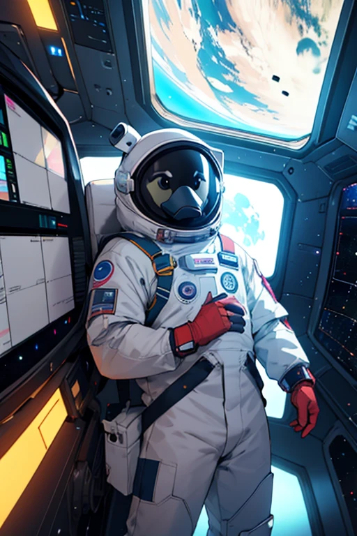 Photograph of a duck in an animated space suit