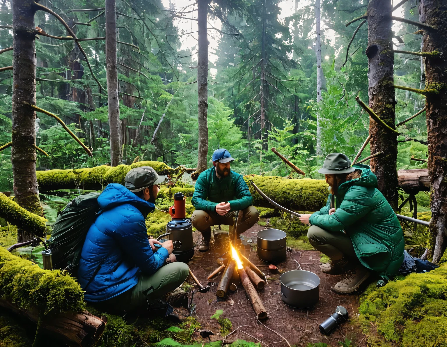 Adventurers bushcrafting in the deep forest.