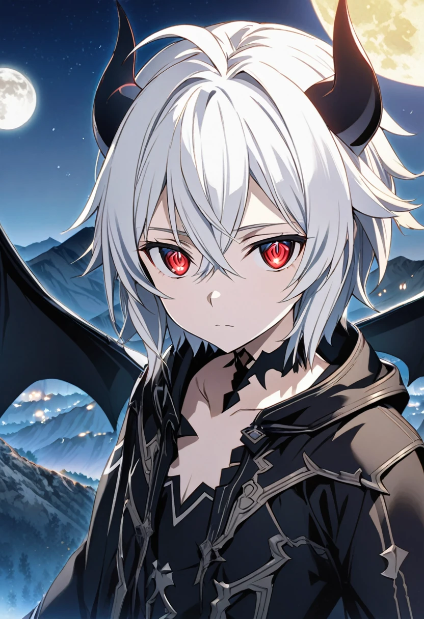 Hyakuya Mikaela \(Sword Art Online\), short silvery white hair, slitted red eyes:1.2, black costume, bangs, expressionless, small horns, huge demon wings, ((ultra-detailed)), ((illustration)), ((neat hair)), (beautiful detailed eyes), male, 1boy, floating, ((mountain, night, moon)), looking at viewer