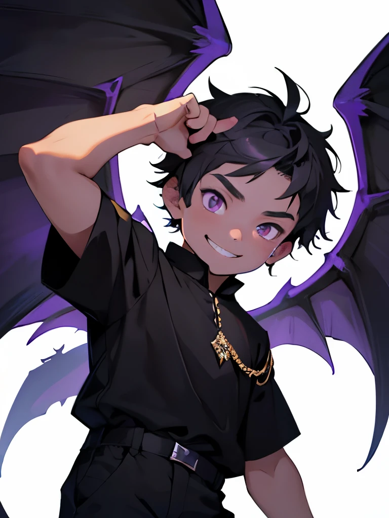 4ars old young boy, grey short hair, purple eyes, mischievous smile, black shirt, black pants, fair skin, wings, royal attire