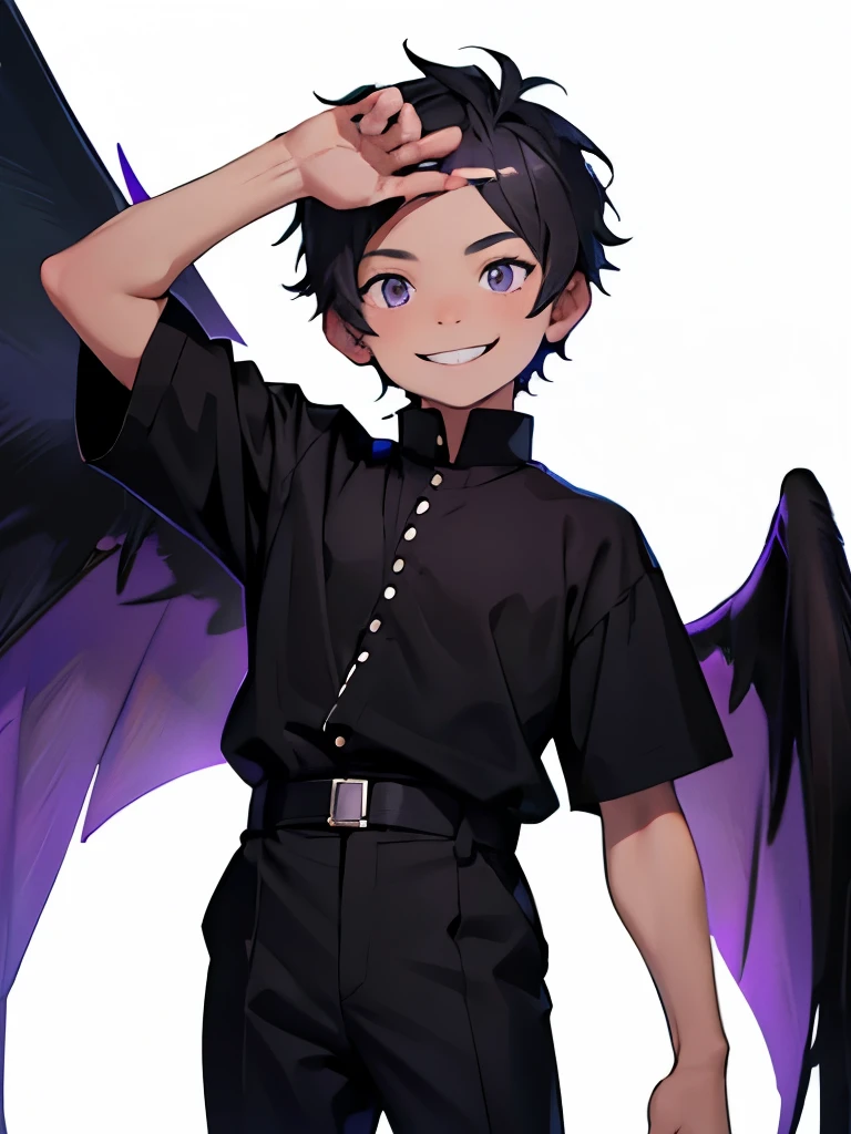 4years old young boy, grey short hair, purple eyes, mischievous smile, black shirt, black pants, fair skin, wings, royal attire
