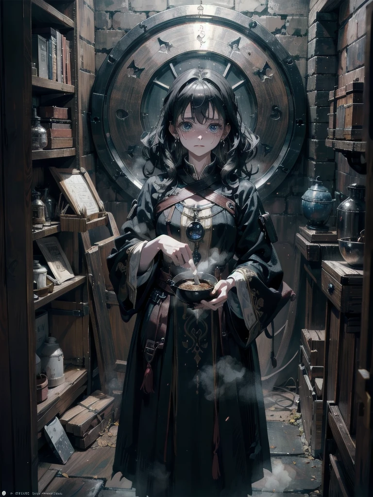 whole body, Anime character, in her alchemist room, a steaming cauldron, a traditional witch outfit, absurdres, RAW photo, extremely delicate and beautiful, masterpiece, Best Quality, ultra high resolution, 32k, hyperrealistic, ultra-detailed, perfect figure, perfect shape, detailed description, pale skin, 20 years old, detailed beautiful face and eyes, tearful mole, earring, short medium hair, wavy hair,
