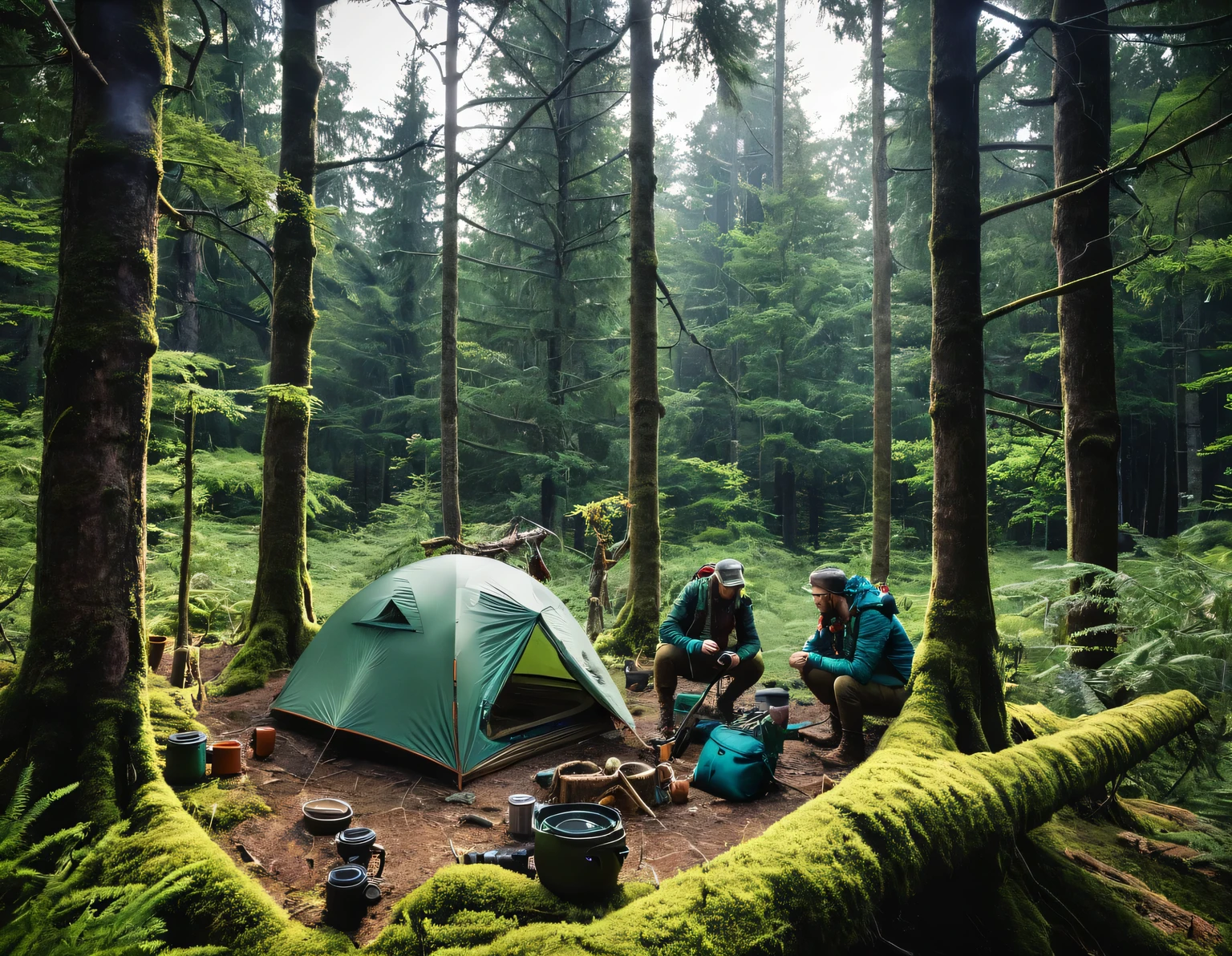 Adventurers bushcrafting in the deep forest.