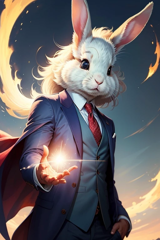 sketch of a rabbit in the sky using magic powers while wearing a neat suit