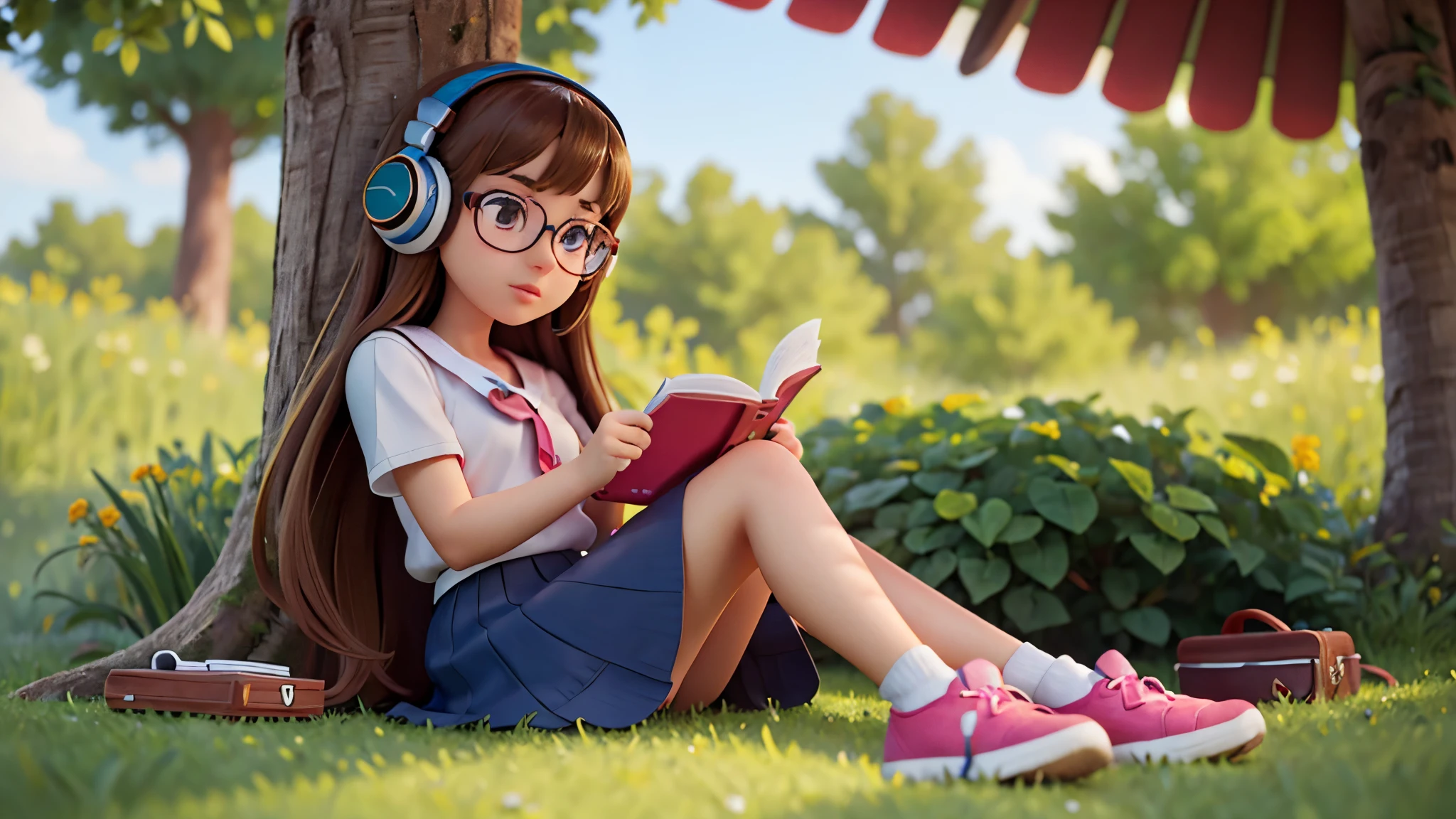 a cute girl sitting on the grass, reading a book and listening to music with headphones, wearing glasses, a skirt, and nike sneakers, detailed portrait, beautiful detailed eyes, beautiful detailed lips, extremely detailed eyes and face, long eyelashes, intricate details, photorealistic, 8k, ultra-detailed, masterpiece, studio lighting, physically-based rendering, sharp focus, vivid colors, high quality, digital art, realistic, warm color tones, soft lighting, natural scenery, outdoors, peaceful, relaxing