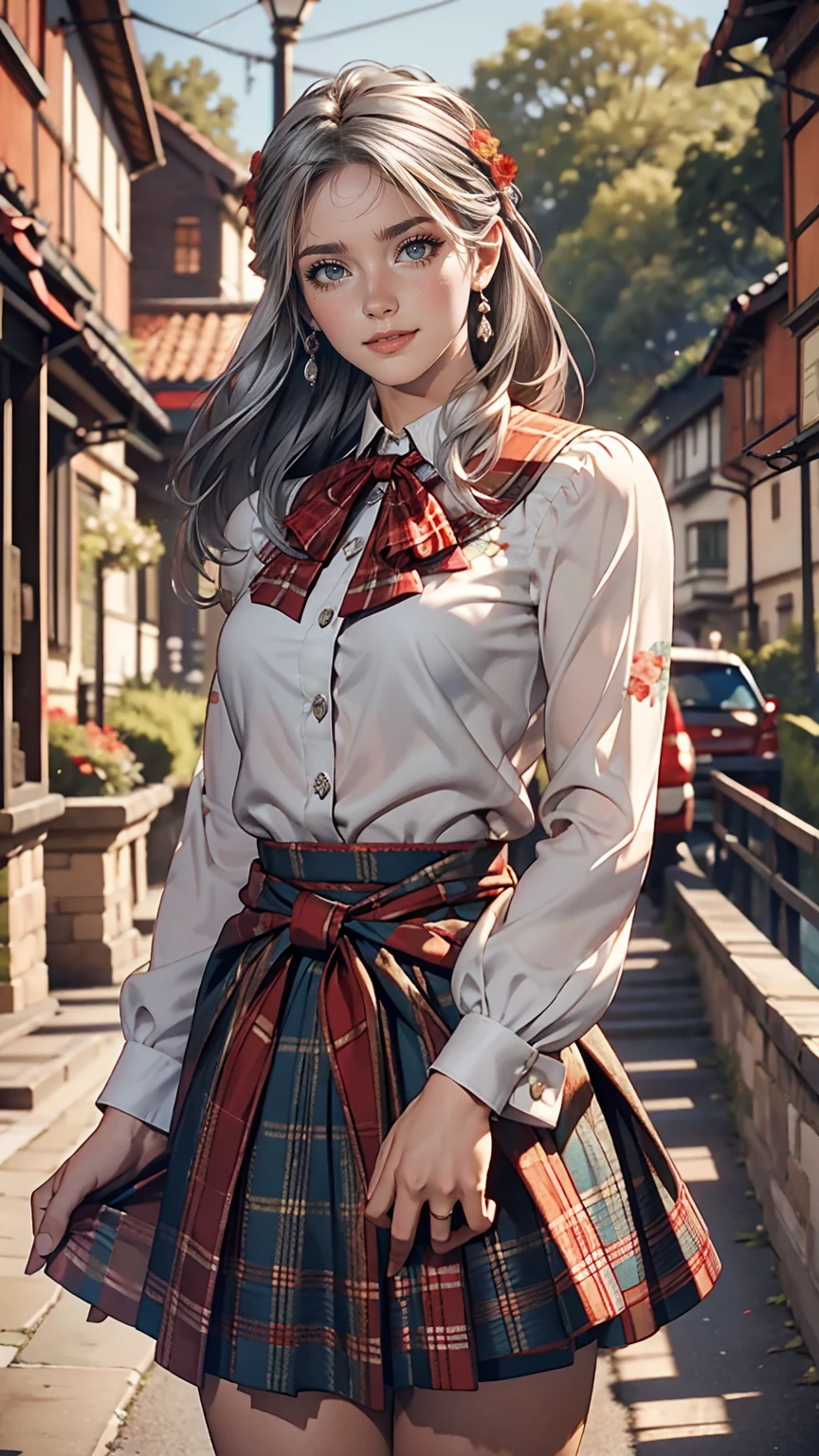 Claude Monet 、Dolceacqua Bridge、Wearing a red tartan mini skirt、Wearing a floral blouse、Silver Hair、blue eyes、Straight long hair_Hair reaching down to the waist、A shy smile