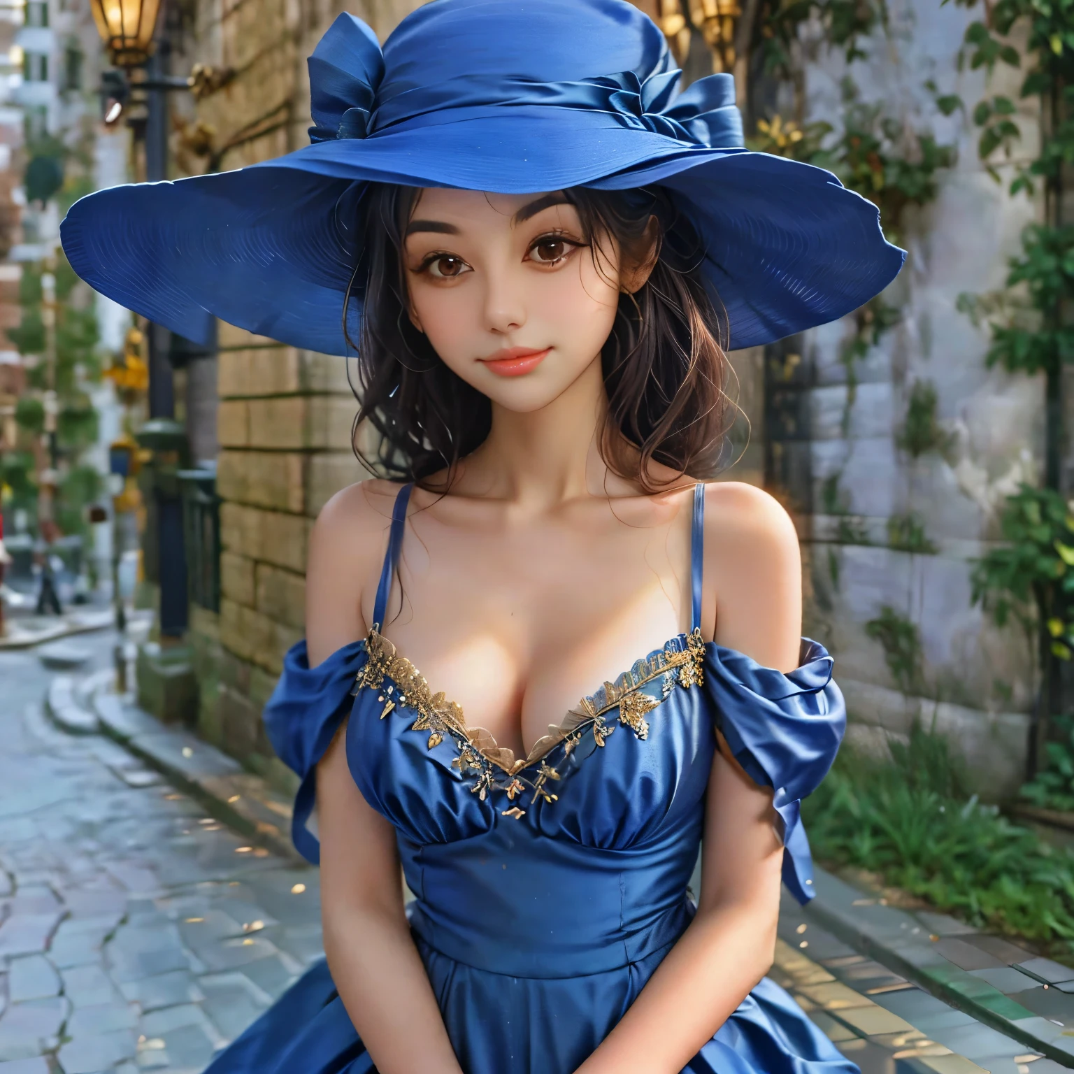 a close up of a woman with a hat and a dress