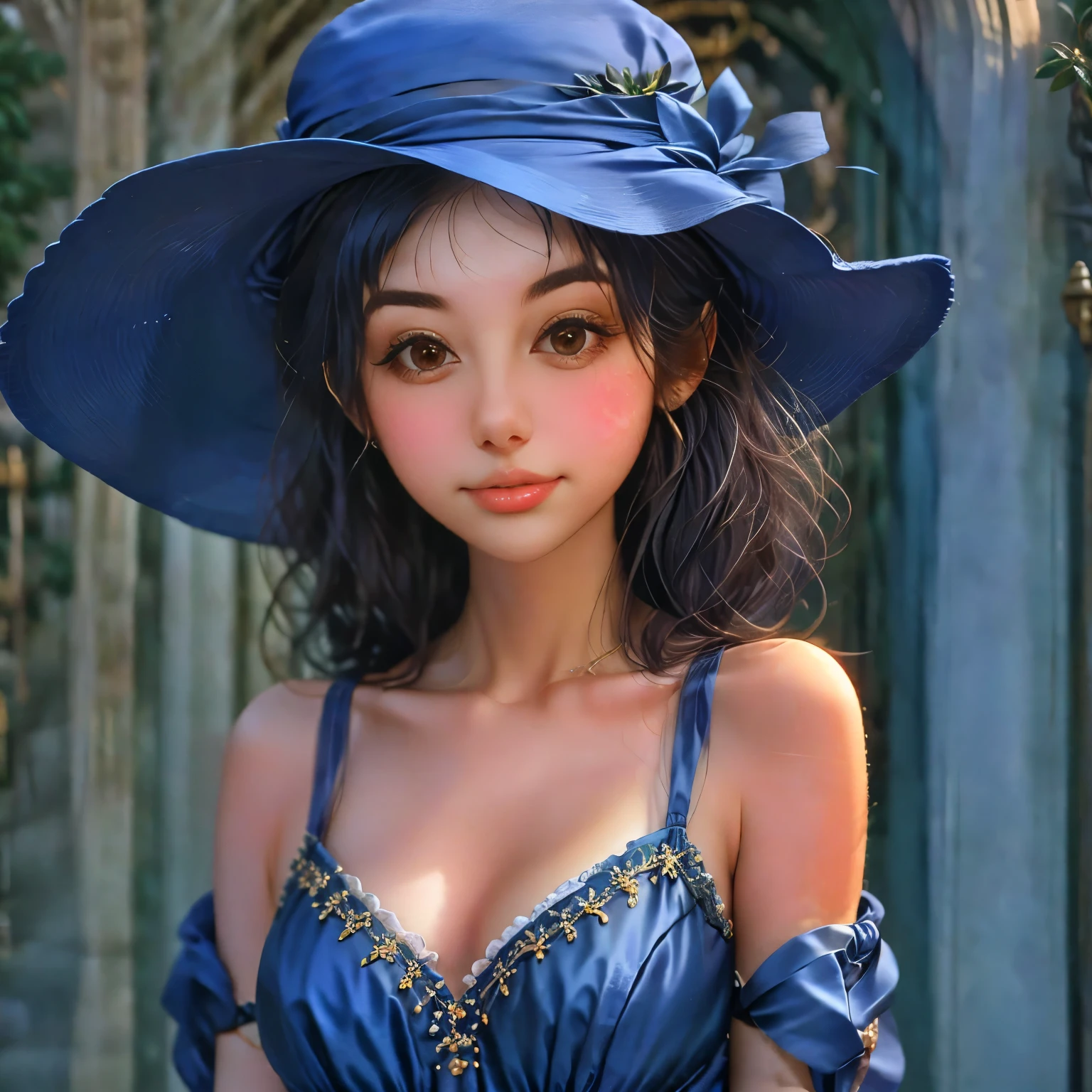 a close up of a woman with a hat and a dress