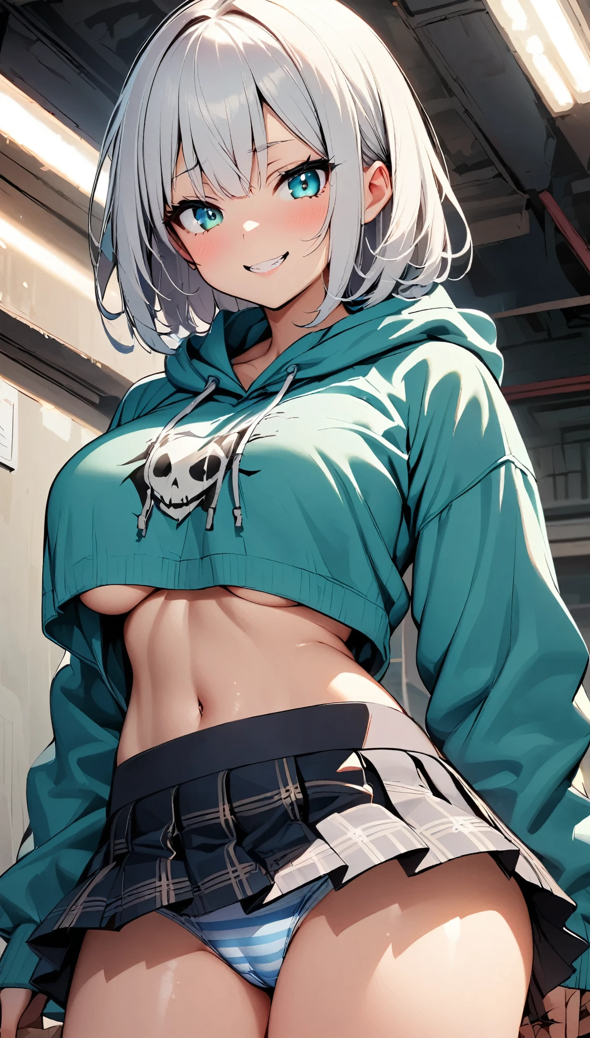 One Girl, alone, Big eyes, Wicked Smile,hoodie, Pleated mini skirt, White Hair, (JK:1.2), (Light blue striped underwear), Underboob, Attractive breasts、Waistline