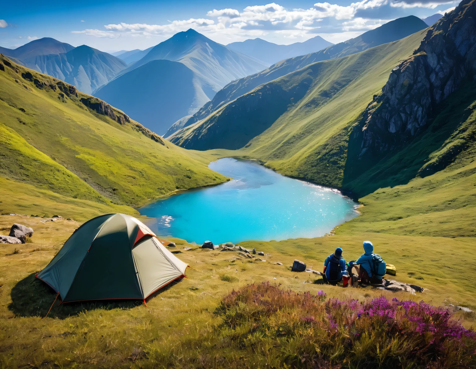 Outdoor Camping, Adventurers bushcrafting deep in the mountains, spectacular views