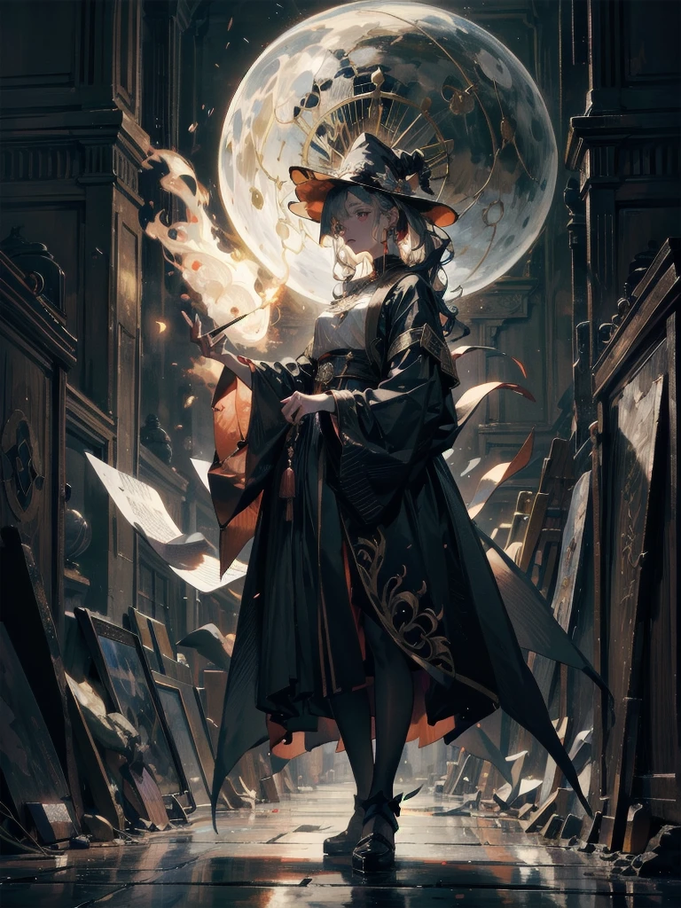 whole body, Anime character, alchemist room, traditional witch outfit, absurdres, RAW photo, extremely delicate and beautiful, masterpiece, Best Quality, ultra high resolution, 32k, hyperrealistic, ultra-detailed, perfect figure, perfect shape, detailed description, pale skin, 20 years old, detailed beautiful face and eyes, tearful mole, earring, short medium hair, wavy hair,