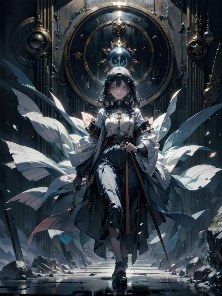 whole body, Anime character, alchemist room, traditional witch outfit, absurdres, RAW photo, extremely delicate and beautiful, masterpiece, Best Quality, ultra high resolution, 32k, hyperrealistic, ultra-detailed, perfect figure, perfect shape, detailed description, pale skin, 20 years old, detailed beautiful face and eyes, tearful mole, earring, short medium hair, wavy hair,