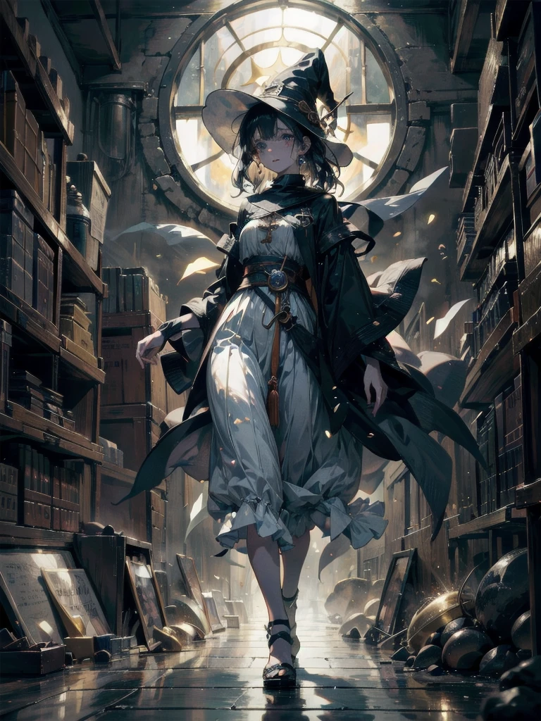 whole body, Anime character, alchemist room, traditional witch outfit, absurdres, RAW photo, extremely delicate and beautiful, masterpiece, Best Quality, ultra high resolution, 32k, hyperrealistic, ultra-detailed, perfect figure, perfect shape, detailed description, pale skin, 20 years old, detailed beautiful face and eyes, tearful mole, earring, short medium hair, wavy hair,