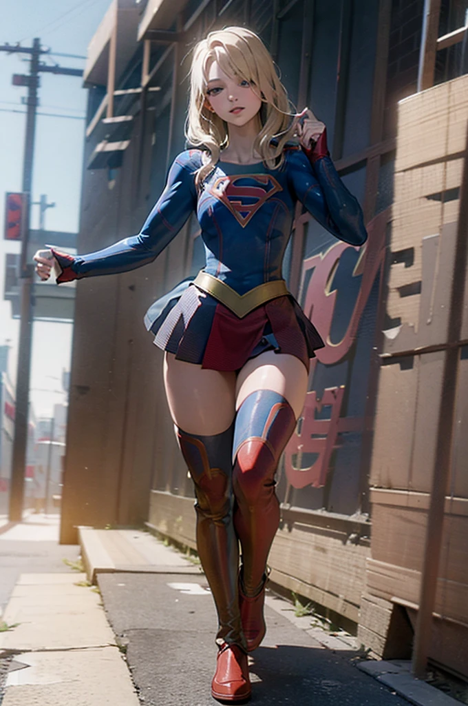 (cowboy shot), SFW, (masterpiece), (best quality: 1.0), (ultra highres: 1.0), detailed eyes, BREAK Supergirl, 1girl, long blonde hair, in the air, flying hair band, (((black crop top))), short sleeves, cape, black pencil skirt), gloves, boots BREAK (Famous, interview, among audiences)
