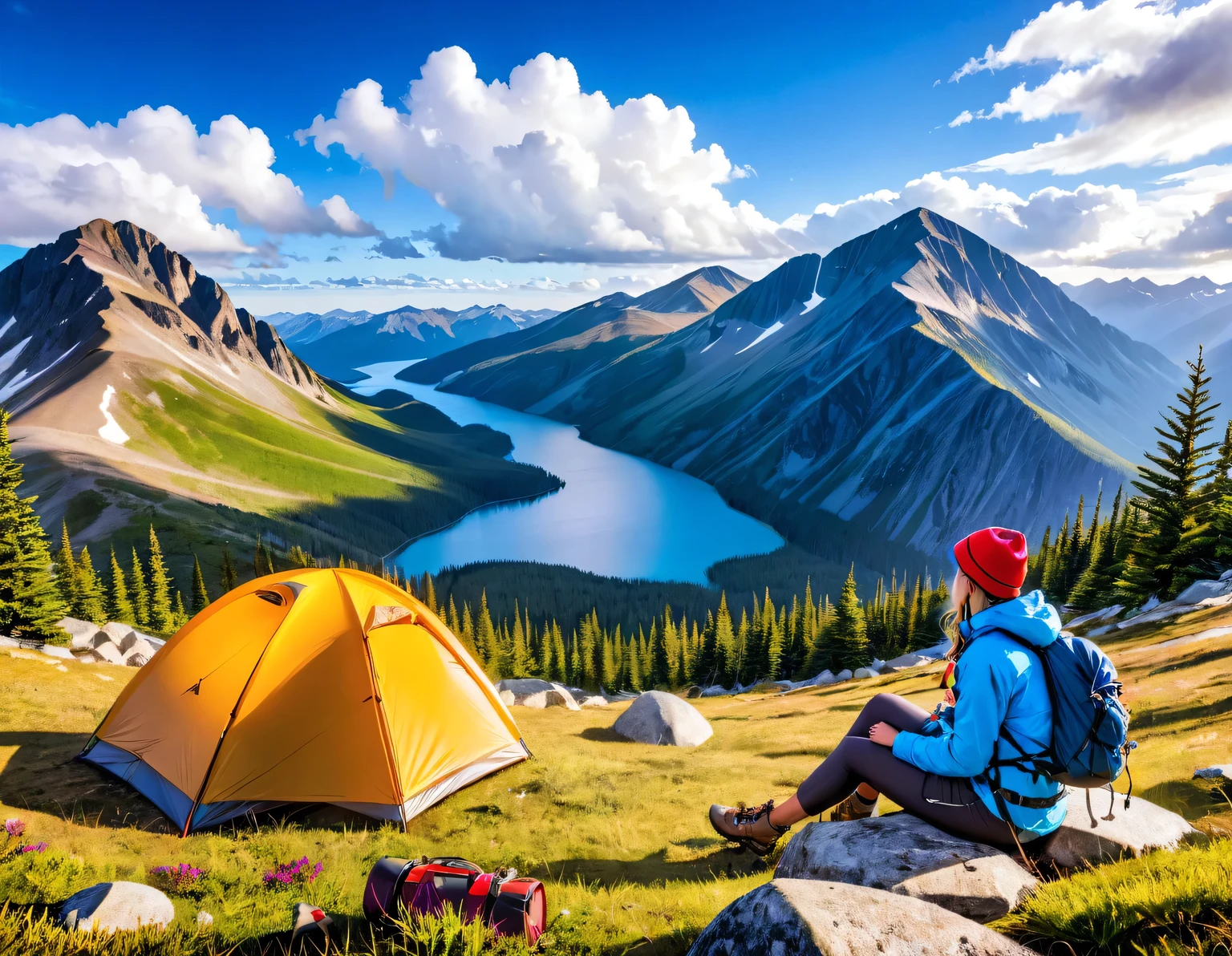 Outdoor Camping, Adventurers bushcrafting deep in the mountains, spectacular views