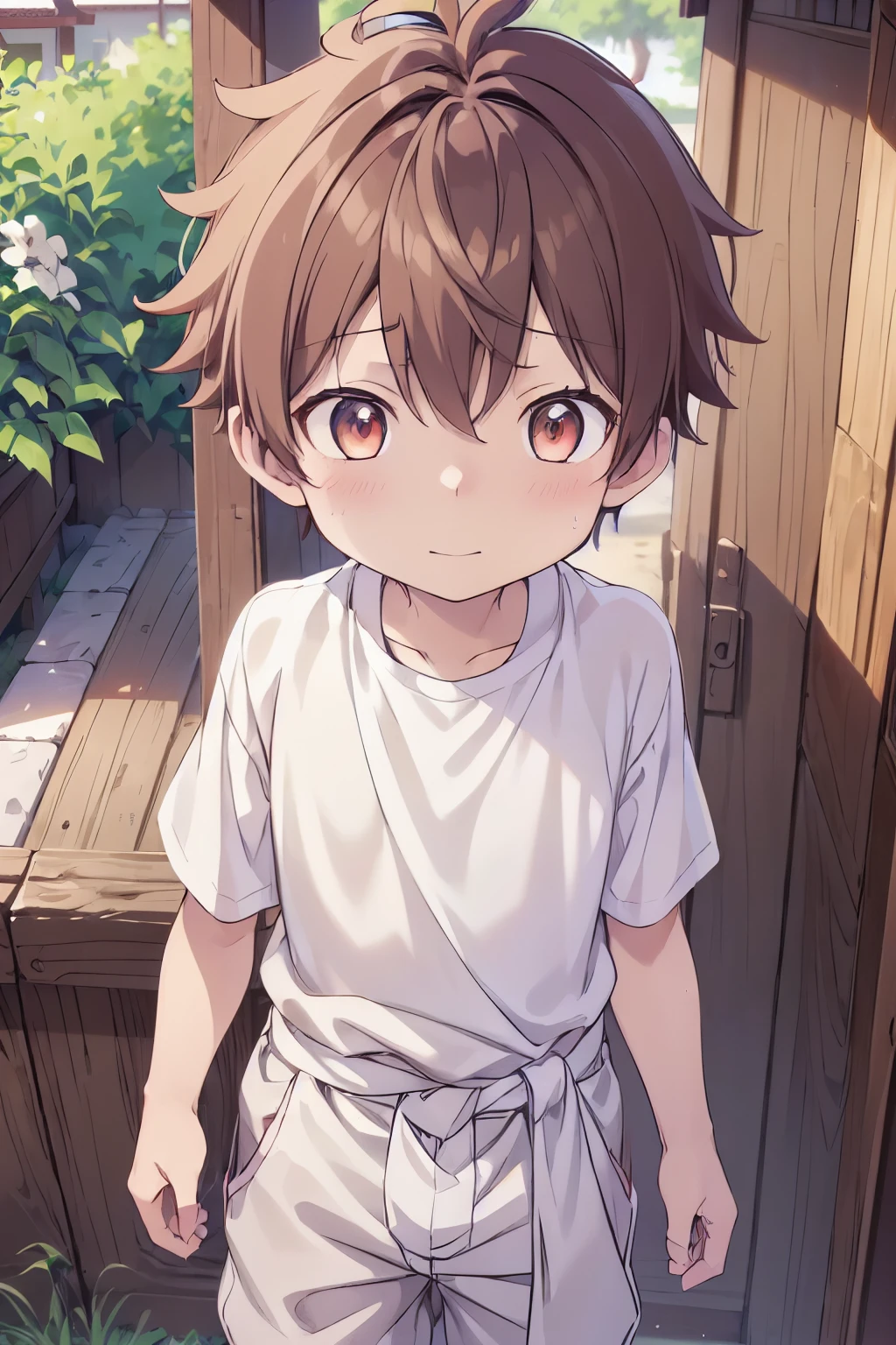 1boy, aoi, masterpiece, ultra detail, male focus, soccer shirt, adorable captivating, light brown hair , red eyes , white albine skin, japanese style, steam smork, japan style, anime coloring, shy, home muji style, detailed face, white towel on waist,white silk, outdoor, sweat, 