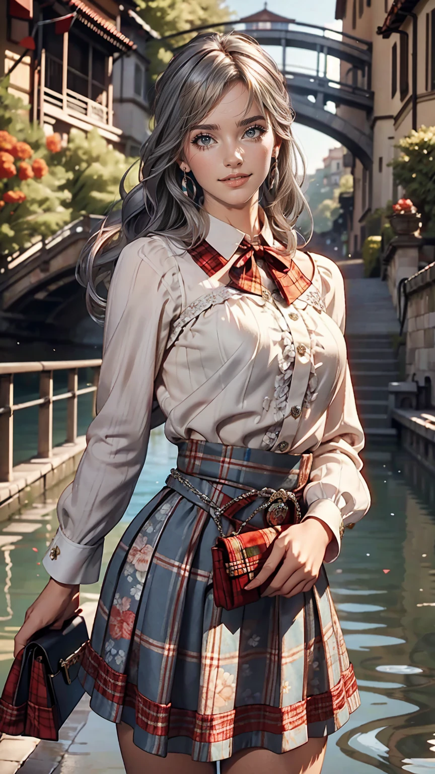 Claude Monet 、Dolceacqua Bridge、Wearing a red tartan mini skirt、Wearing a floral blouse、Silver Hair、blue eyes、Straight long hair_Hair reaching down to the waist、A shy smile