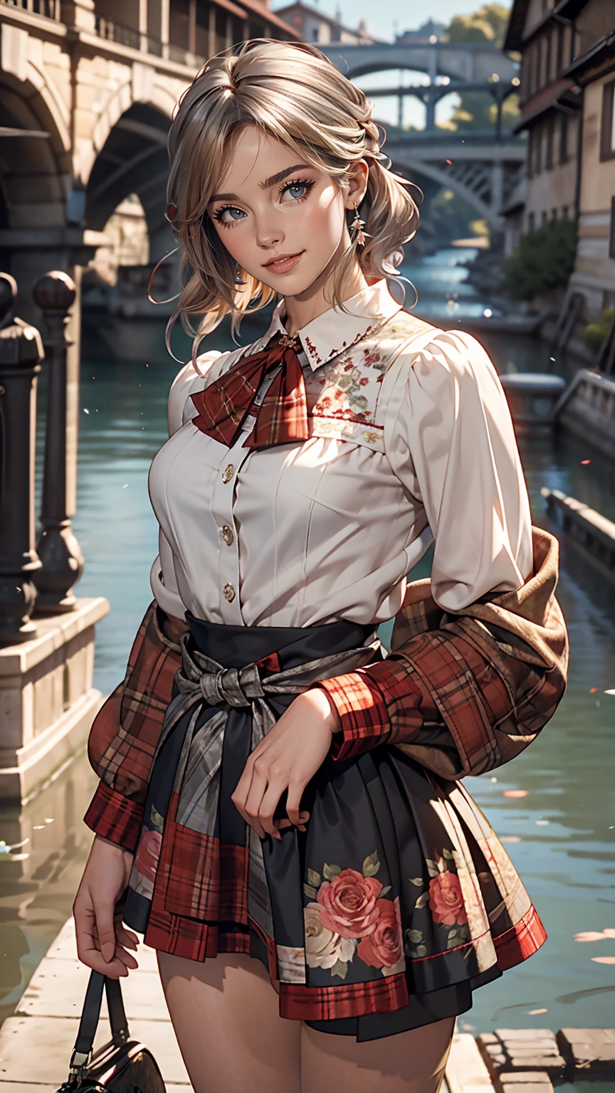 Claude Monet 、Dolceacqua Bridge、Wearing a red tartan mini skirt、Wearing a floral blouse、Silver Hair、blue eyes、Straight long hair_Hair reaching down to the waist、A shy smile
