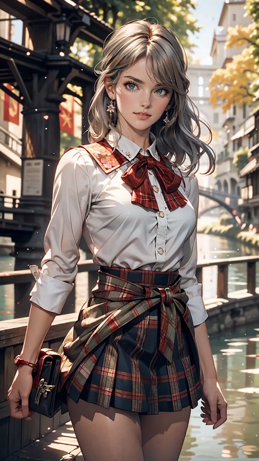 Claude Monet 、Dolceacqua Bridge、Wearing a red tartan mini skirt、Wearing a floral blouse、Silver Hair、blue eyes、Straight long hair_Hair reaching down to the waist、A shy smile
