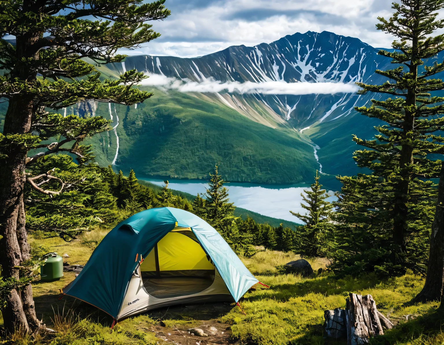 Outdoor Camping, Adventurers bushcrafting deep in the mountains, spectacular views