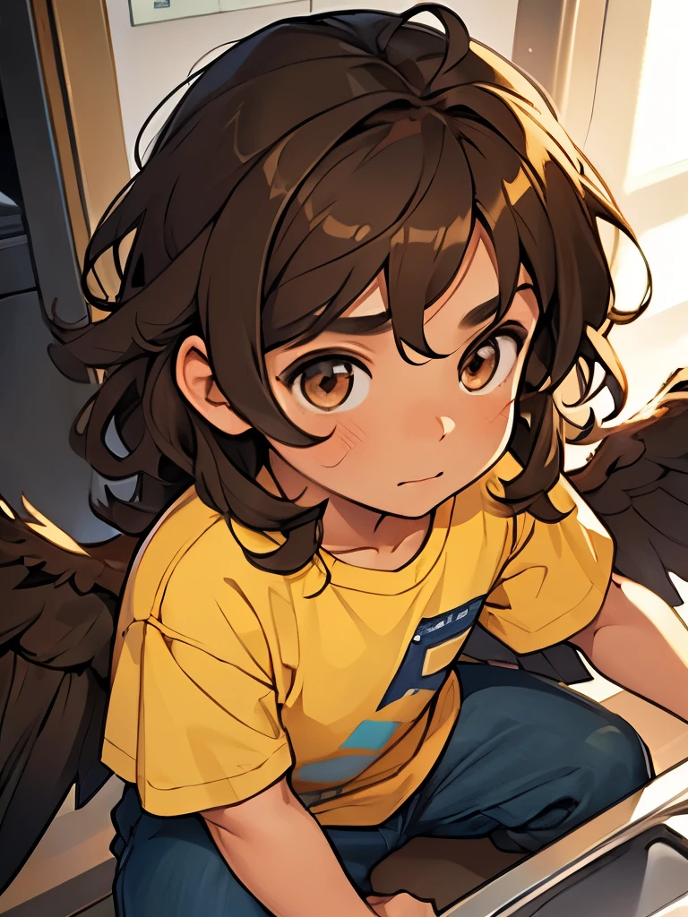 2 years old young boy, long dark brown curly hair, fair skin, golden brown eyes, blue shirt, grey pants, wings