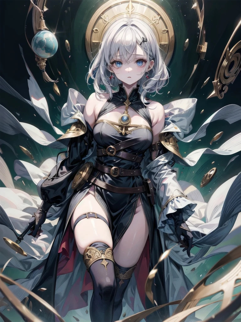 whole body, Anime character, alchemist room, traditional witch outfit, absurdres, RAW photo, extremely delicate and beautiful, masterpiece, Best Quality, ultra high resolution, 32k, hyperrealistic, ultra-detailed, perfect figure, perfect shape, detailed description, pale skin, 20 years old, detailed beautiful face and eyes, tearful mole, earring, short medium hair, wavy hair,