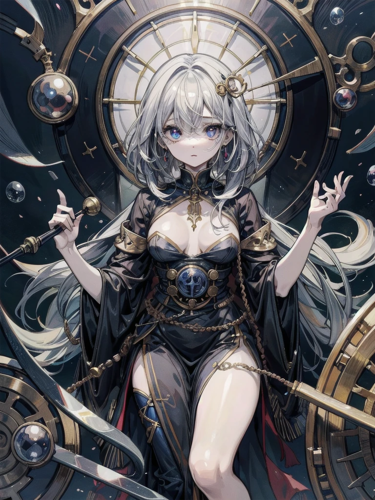 whole body, Anime character, alchemist room, traditional witch outfit, absurdres, RAW photo, extremely delicate and beautiful, masterpiece, Best Quality, ultra high resolution, 32k, hyperrealistic, ultra-detailed, perfect figure, perfect shape, detailed description, pale skin, 20 years old, detailed beautiful face and eyes, tearful mole, earring, short medium hair, wavy hair,