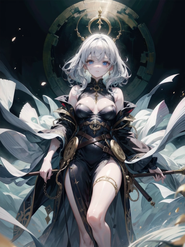 whole body, Anime character, alchemist room, traditional witch outfit, absurdres, RAW photo, extremely delicate and beautiful, masterpiece, Best Quality, ultra high resolution, 32k, hyperrealistic, ultra-detailed, perfect figure, perfect shape, detailed description, pale skin, 20 years old, detailed beautiful face and eyes, tearful mole, earring, short medium hair, wavy hair,
