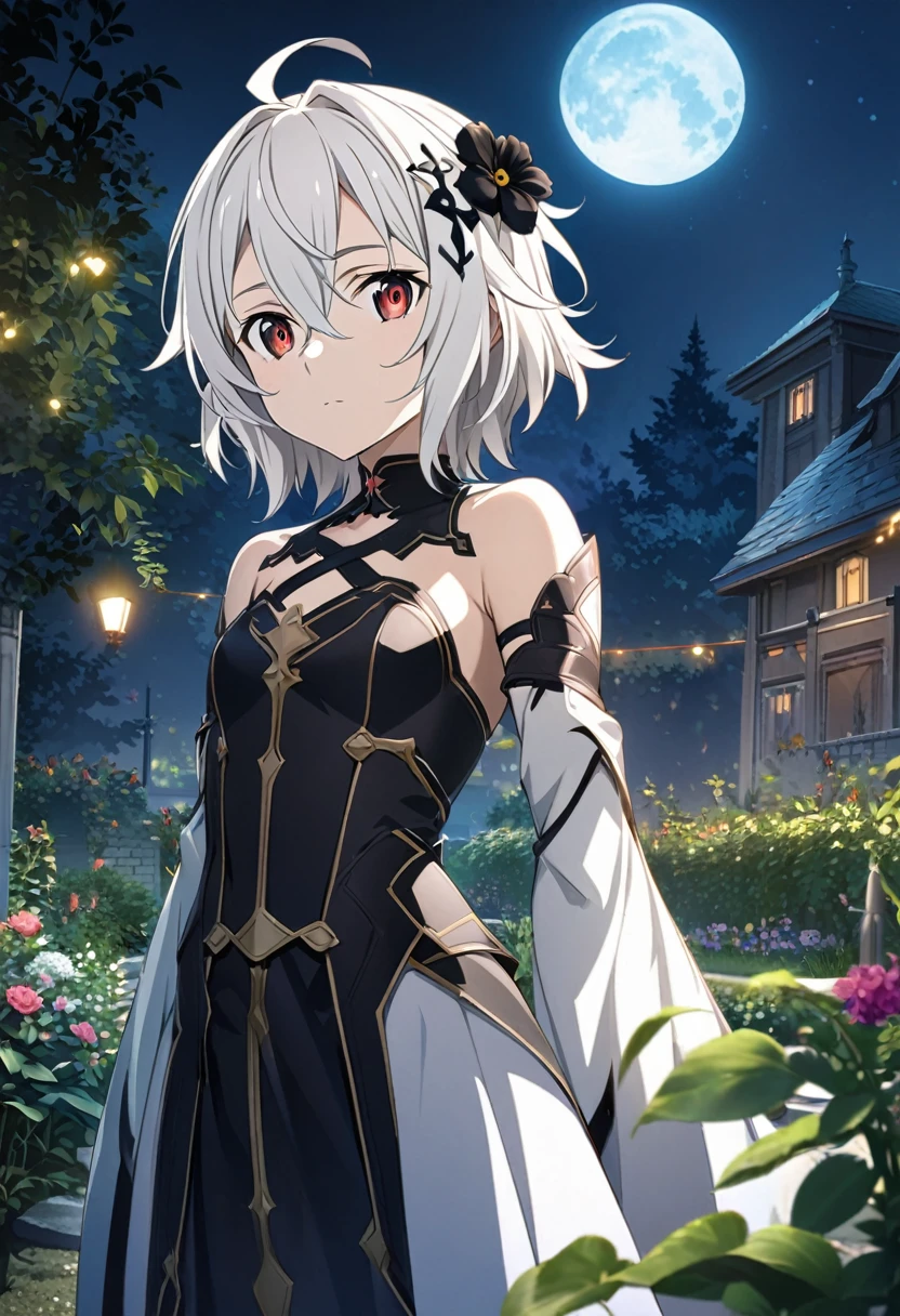 Hyakuya Mikaela \(Sword Art Online\), long silvery white hair, slitted red eyes:1.2, black costume, bangs, expressionless, black flower hair ornament, ((ultra-detailed)), ((illustration)), ((neat hair)), (beautiful detailed eyes), female, 1girl, standing, ((garden, night, moon)), looking at viewer