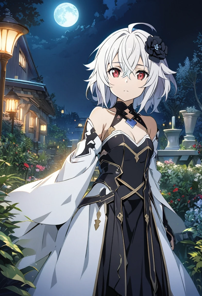 Hyakuya Mikaela \(Sword Art Online\), long silvery white hair, slitted red eyes:1.2, black costume, bangs, expressionless, black flower hair ornament, ((ultra-detailed)), ((illustration)), ((neat hair)), (beautiful detailed eyes), female, 1girl, standing, ((garden, night, moon)), looking at viewer