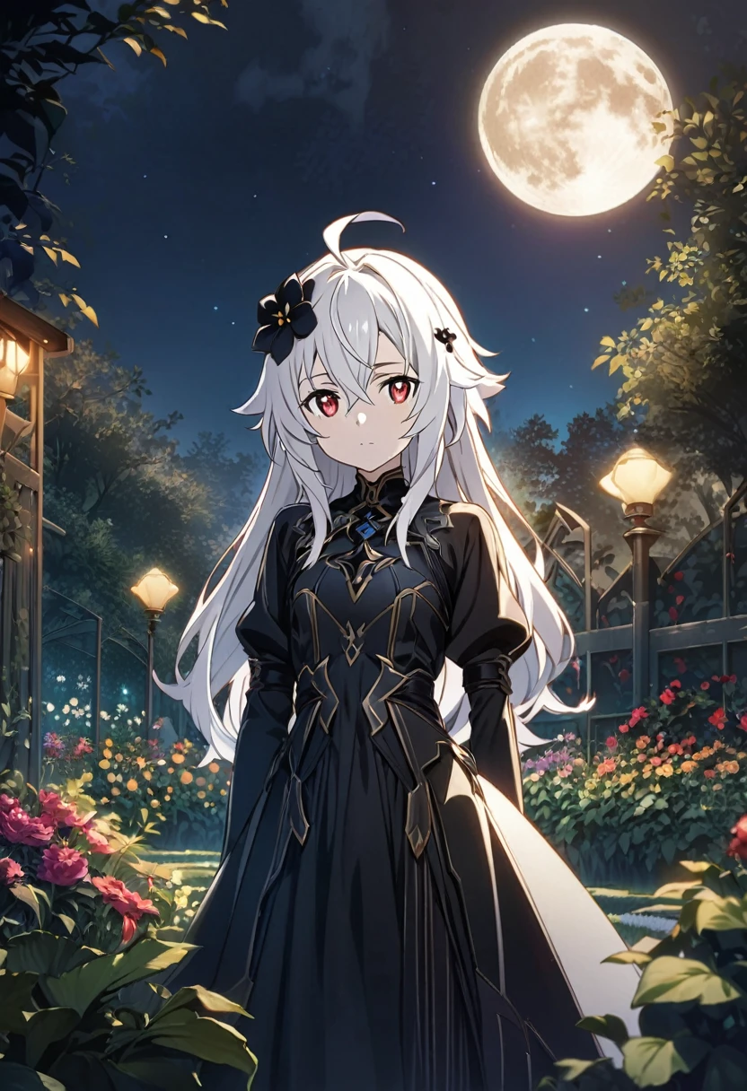 Hyakuya Mikaela \(Sword Art Online\), long silvery white hair, slitted red eyes:1.2, black costume, bangs, expressionless, black flower hair ornament, ((ultra-detailed)), ((illustration)), ((neat hair)), (beautiful detailed eyes), female, 1girl, standing, ((garden, night, moon)), looking at viewer