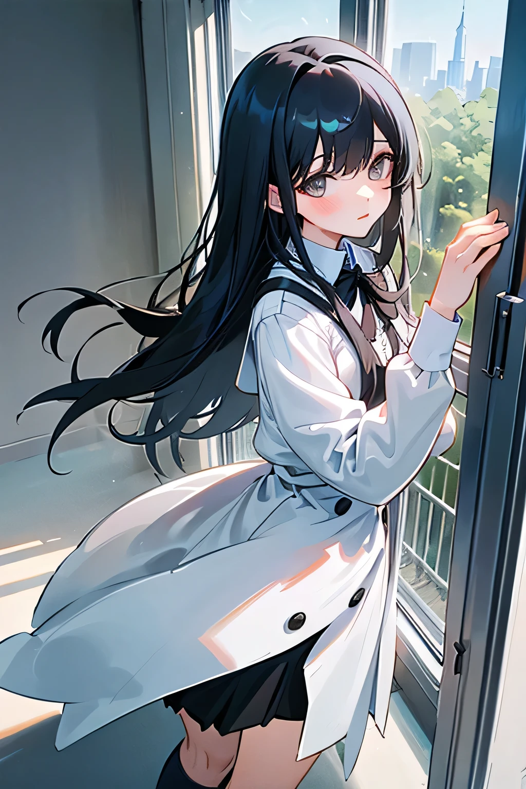 Black-haired human girl next to the window，Exposed to sunlight，long hair，Standing，Wearing a white coat，A little white cat is crawling on the windowsill，A black bow tie at the neckline，Put your hands behind your back，Lean forward and look ahead，Pale gray eyes，Looking up，HD，Neat hair，Black over-the-knee skirt，White top，Black skirt