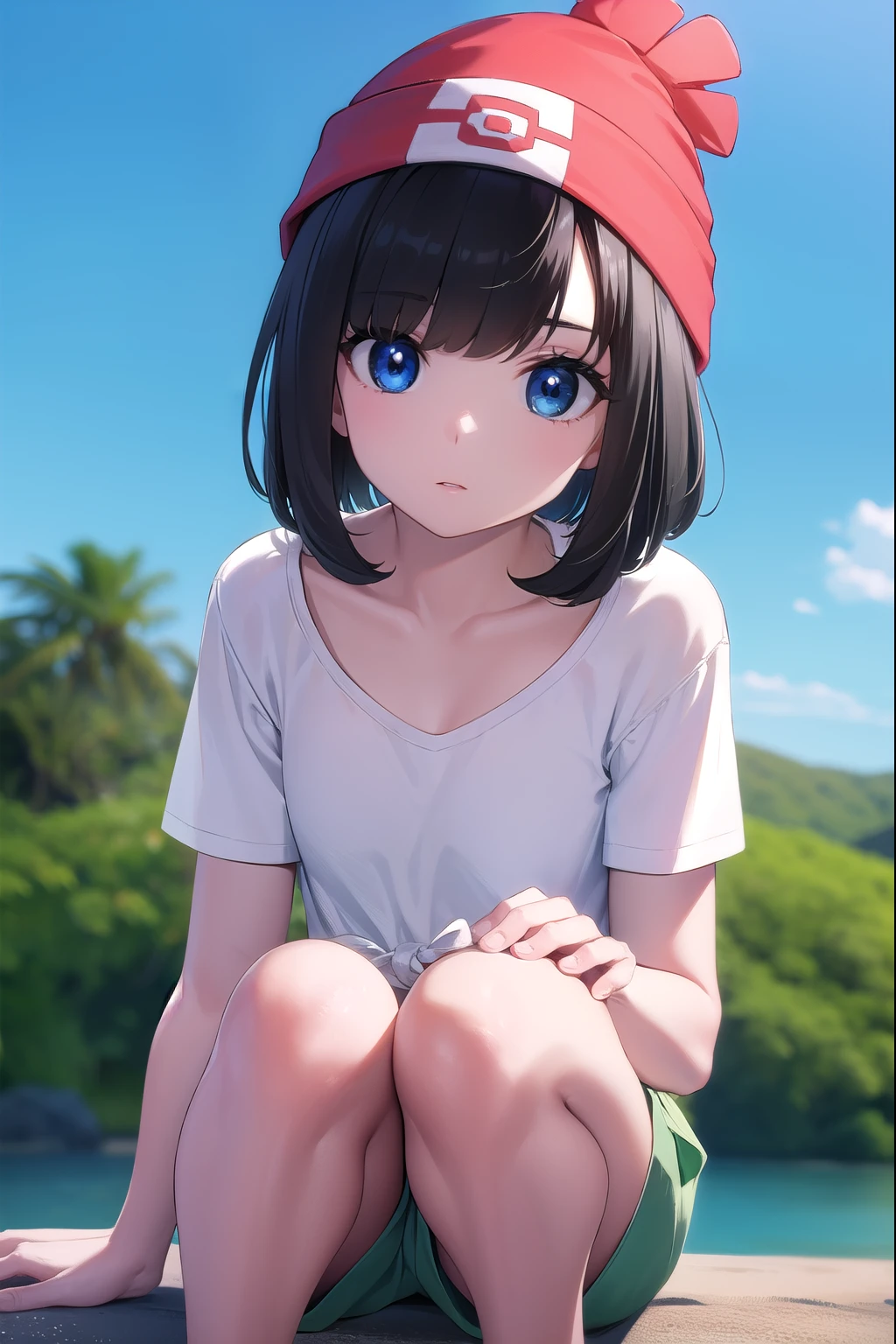 pokemonselene, pokemonselene, black hair, blue eyes, short hair, bangs, blunt bangs, (small breasts:1.2),
BREAK beanie, collarbone, green shorts, hat, red headwear, shirt, short sleeves, shorts, tied shirt, yellow shirt,
BREAK looking at viewer, upper body, full body,
BREAK outdoors, city, sky, sun,
BREAK (masterpiece:1.2), best quality, high resolution, unity 8k wallpaper, (illustration:0.8), (beautiful detailed eyes:1.6), extremely detailed face, perfect lighting, extremely detailed CG, (perfect hands, perfect anatomy),