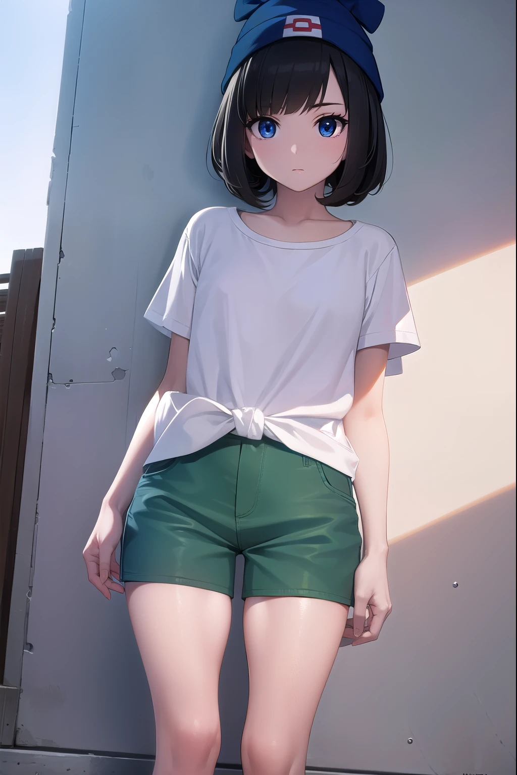 Under the legend,Chara,femele,sexy for,green-shirt,brown shorts,black lence stockings,Grinning,Blushlush,stand posture,with short brown hair,Standing painting,Bloody red eyes,in cave,bareness,anime big breast,quadratic element,k hd