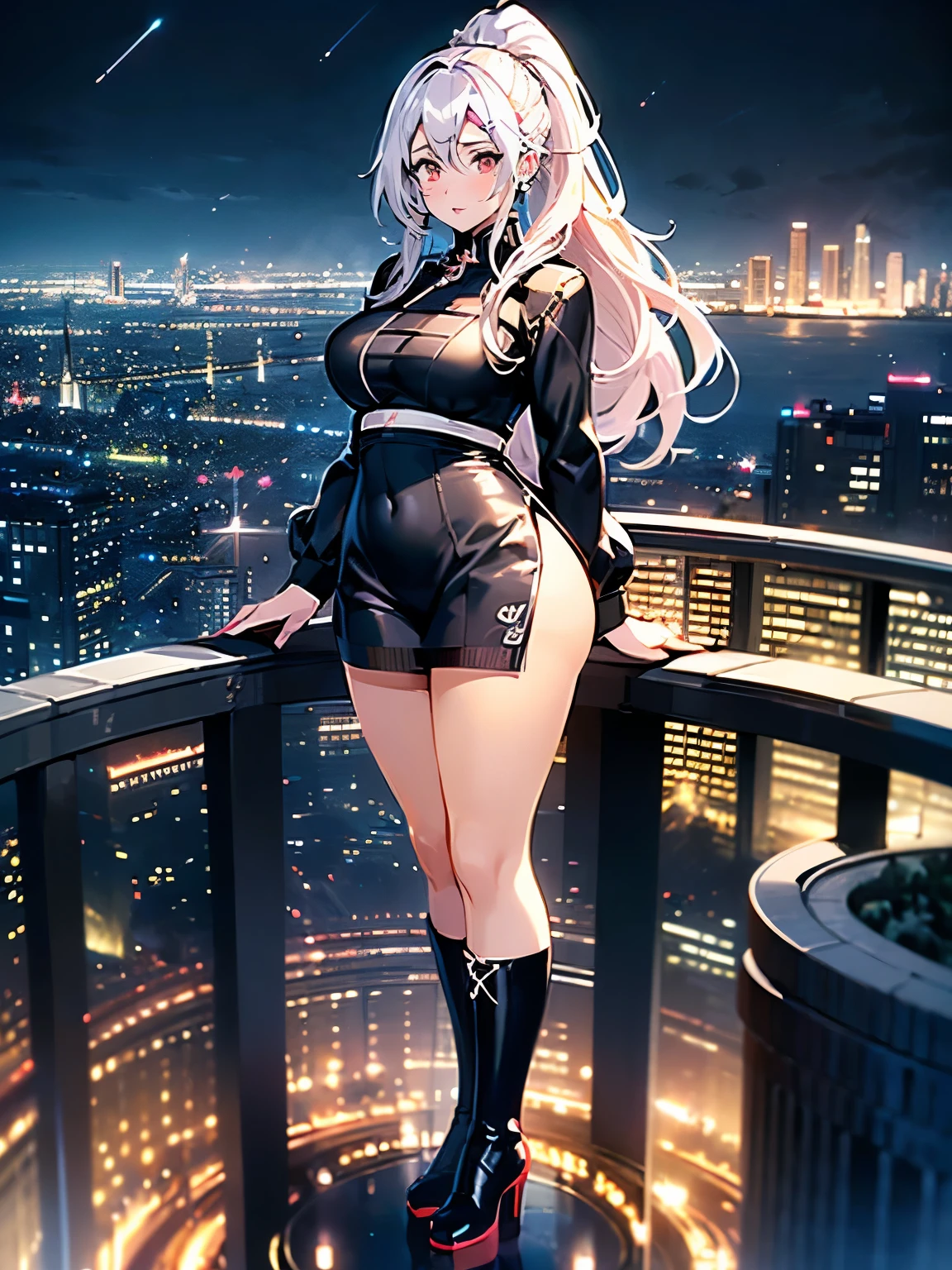 anime, (artwork, best quality, ultra-detailed, high contrast), 1 woman (Alone, full body, plus size body, standing on the edge of the skyscraper, silver hair, LONG In a ponytail, red eyes (detailed eyes), passionate expression, red lips (perfect lips), ruby sparkles, (simple black qipao), high heel boots neon pink), transparent black socks), (skyscraper roof, overlooking a city, detailed background ((night time, Darkness, low light pollution))) face in close