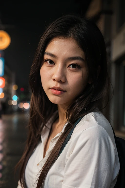 city street, neon, fog, volumetric, closeup portrait photo of young asian woman in school clothes