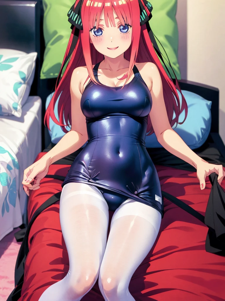 best quality, ultra-detailed masterpiece, nino nakano, one-piece swimsuit, breasts, pantyhose, blush, smile, cushion, bed room