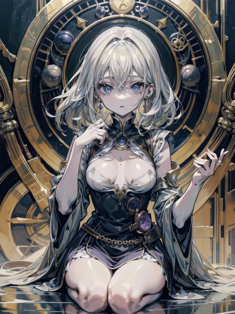 whole body, Anime character, ((in alchemist room)), traditional witch outfit, absurdres, RAW photo, extremely delicate and beautiful, masterpiece, Best Quality, ultra high resolution, 32k, hyperrealistic, ultra-detailed, perfect figure, perfect shape, detailed description, pale skin, 20 years old, detailed beautiful face and eyes, tearful mole, earring, short medium hair, wavy hair,