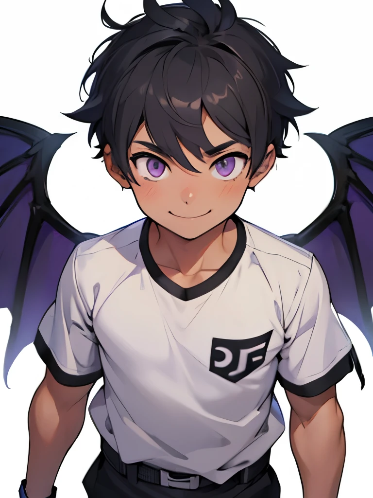 4years old young boy, gray short hair, purple eyes, mischievous smile, black shirt, black pants, fair skin, wings