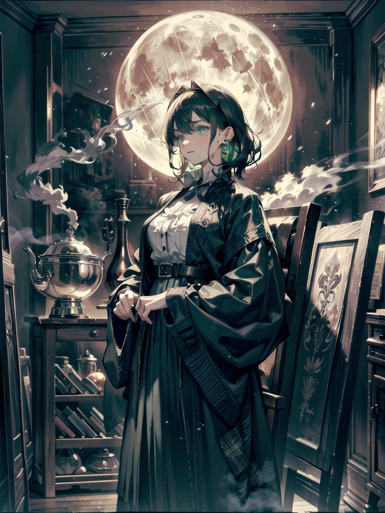 whole body, a beautiful witch in her alchemist room, working on her project with a steaming cauldron filled with green glowing smoke, against the backdrop of a fantasy night with a full moon and a view from the window, dressed in a traditional witch outfit, absurdres, RAW photo, extremely delicate and beautiful, masterpiece, Best Quality, ultra high resolution, 32k, hyperrealistic, ultra-detailed, detailed description, pale skin, 20 years old, detailed beautiful face and eyes, tearful mole, earring, Colossal tits, short medium hair, wavy hair,