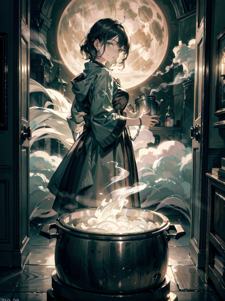 whole body, a beautiful witch in her alchemist room, working on her project with a steaming cauldron filled with green glowing smoke, against the backdrop of a fantasy night with a full moon and a view from the window, dressed in a traditional witch outfit, absurdres, RAW photo, extremely delicate and beautiful, masterpiece, Best Quality, ultra high resolution, 32k, hyperrealistic, ultra-detailed, detailed description, pale skin, 20 years old, detailed beautiful face and eyes, tearful mole, earring, Colossal tits, short medium hair, wavy hair,　